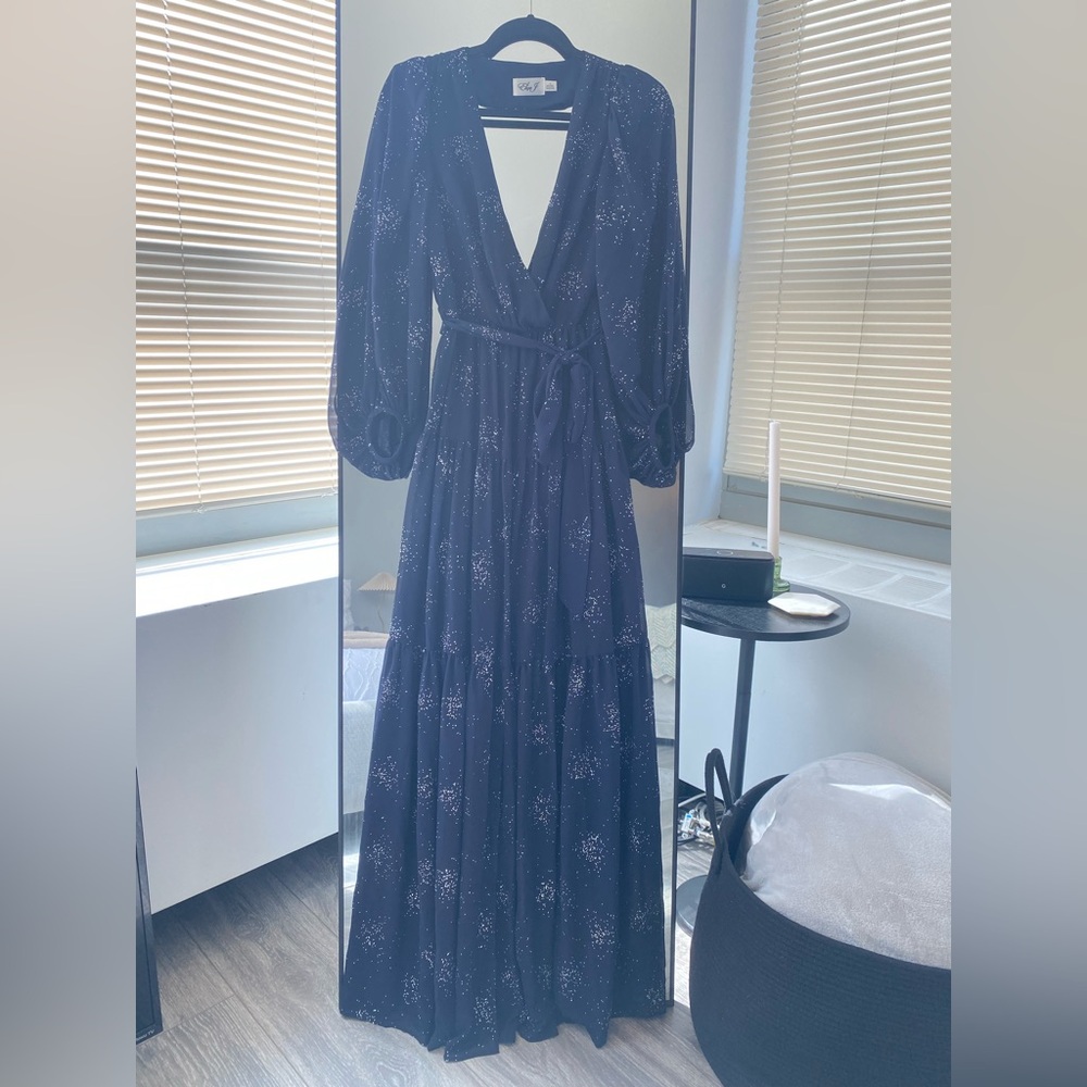 Eliza J Navy Maxi Wrap Dress with Subtle White Speckle